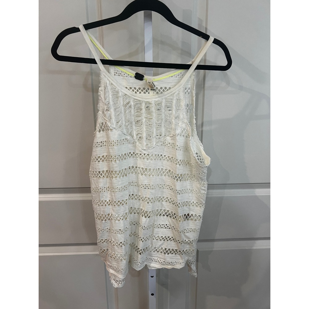 Free People We The Free Ivory Crochet Knit Tank Top Distressed Boho Neon Medium - Picture 2 of 7